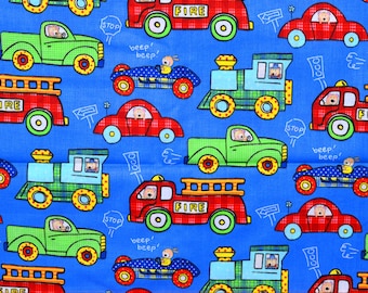 CARS TRUCKS FABRIC | Sold By The Half Yard! | For Sewing Quilting | Vehicles Train Fire Truck Teddy Bears Blue