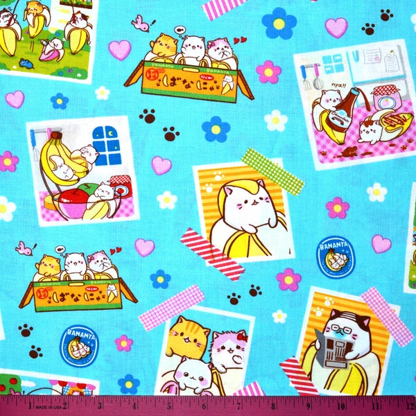 Sale!! BANANYA CAT FABRIC | Sold By The Half Yard! | Continuous Cut! | 100% Quilting Cotton | Banana Cat Kawaii Japan Japanese  Anime Blue