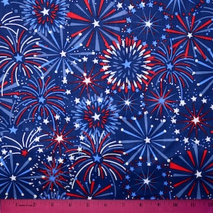 TELA DE FUEGOS ARTIFICIALES PATRIÓTICOS / ¡Se vende por media yarda! / ¡Corte continuo! / 100 % algodón para acolchado / 4 de julio, EE. UU., América, rojo, blanco y azul