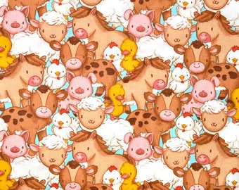 TELA DE ANIMALES DE GRANJA / ¡Se vende por media yarda! / ¡Corte continuo! / 100 % algodón para acolchado / Para bebé, cerdo, oveja, pollo, pato, vaca y caballo