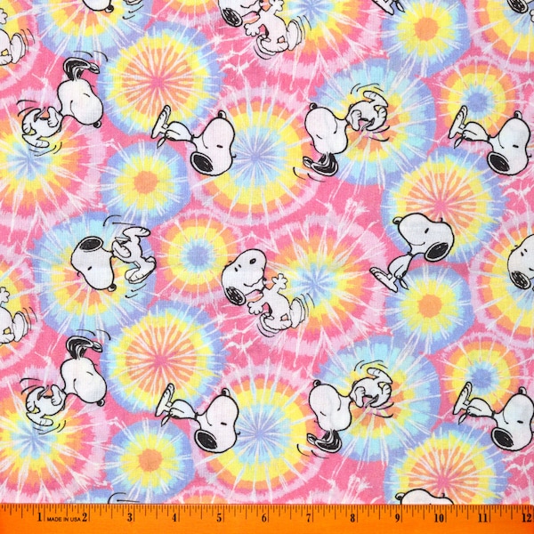 PEANUTS SNOOPY FABRIC | Sold By The Half Yard! Continuous Cut! | 100% Quilting Cotton | Tie Dye Retro 60s Rainbow Bright Colors Easter Pink