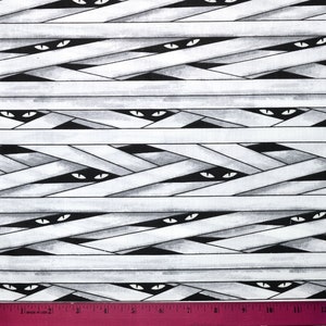HALLOWEEN MUMMY FABRIC | Glows in the Dark! | Sold By The Half Yard! | Continuous Cut! | 100% Quilting Cotton | Cat Black White Spooky Eyes