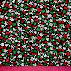 CHRISTMAS SNOWFLAKES FABRIC | Sold By The Half Yard! | Continuous Cut! | 100% Quilting Cotton | Green Red White Black Blender