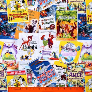 DISNEY MOVIES FABRIC | Sold By The Half Yard! | Continuous Cut! | 100% Quilting Cotton | Vintage Posters Print Bambi 101 Dalmatians Dumbo