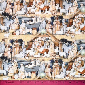 CHRISTMAS NATIVITY FABRIC | Sold By The Half Yard! | Continuous Cut! | 100% Quilting Cotton | Holiday Baby Jesus Mary Stable Scene Pastel
