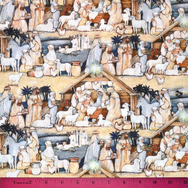 CHRISTMAS NATIVITY FABRIC | Sold By The Half Yard! | Continuous Cut! | 100% Quilting Cotton | Holiday Baby Jesus Mary Stable Scene Pastel