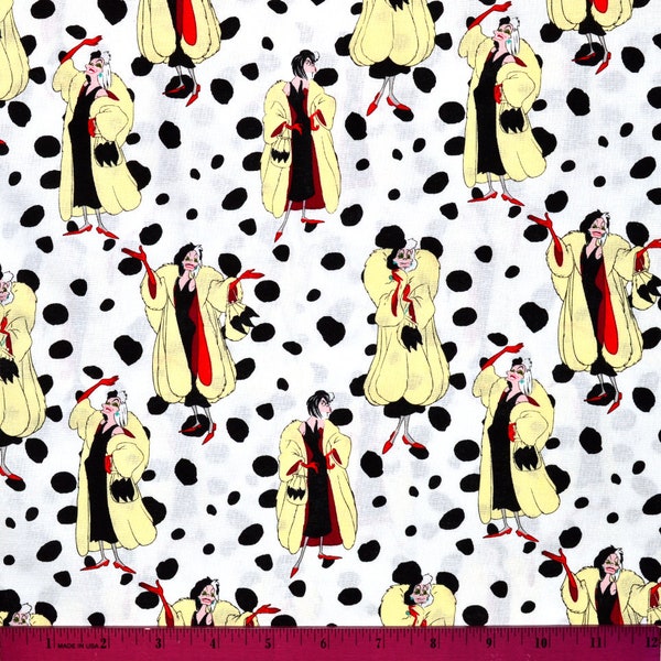 Sale!!! CRUELLA DEVILLE FABRIC | Sold By The Half Yard! | Continuous Cut! | 100% Quilting Cotton | Disney Villains 101 Dalmatians White