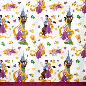 May include: White fabric with a repeating pattern of Rapunzel and Flynn Rider from the Disney movie Tangled. The pattern includes Rapunzel letting down her long blonde hair from a tower, Rapunzel and Flynn Rider holding hands, and Rapunzel lying on her back with her hair spread out. The background is white with yellow flowers and green leaves.