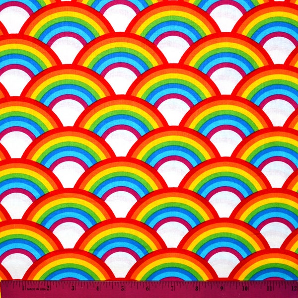 BRIGHT RAINBOW FABRIC | Sold By The Half Yard! | Continuous Cut! | 100% Quilting Cotton | 80s 70s Eighties Seventies Retro Multicolor White