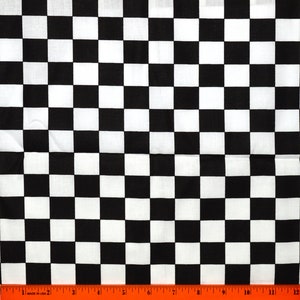 RACING CHECK FABRIC | Sold By The Half Yard! Continuous Cut! | 100% Quilting Cotton | Cars Checkered Flag Black White 1" Inch Squares Retro