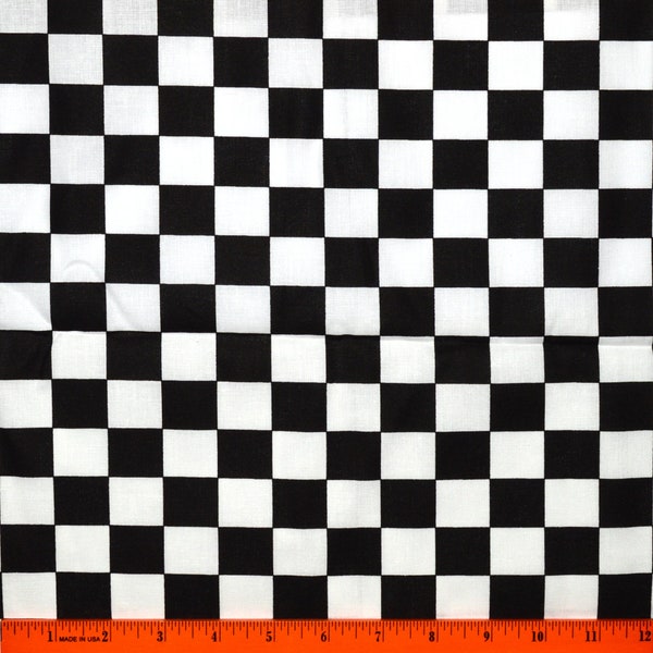 RACING CHECK FABRIC | Sold By The Half Yard! Continuous Cut! | 100% Quilting Cotton | Cars Checkered Flag Black White 1" Inch Squares Retro