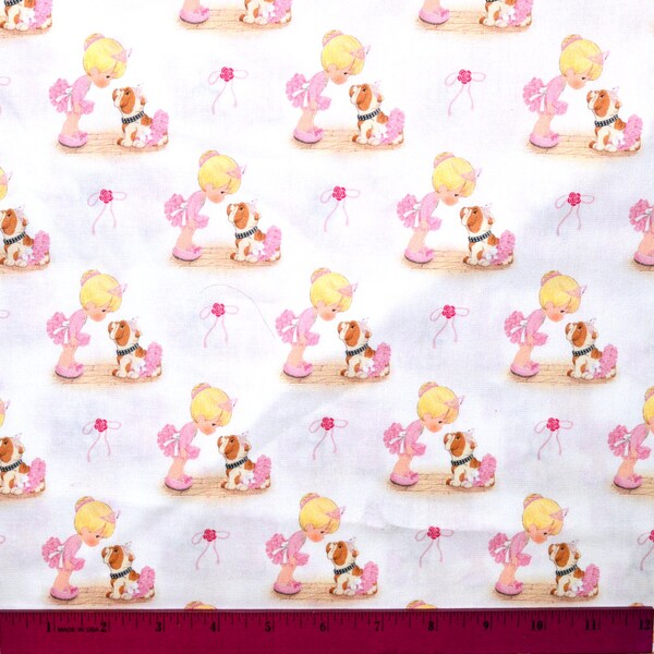 PRECIOUS MOMENTS Ballerina FABRIC | Sold By The Half Yard! | Continuous Cut! | 100% Quilting Cotton | Dog Bulldog Dance Ballet Pink White