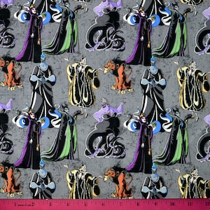 DISNEY VILLAIN FABRIC | Sold By The Half Yard! | Continuous Cut! | 100% Quilting Cotton | Cruelle Deville Maleficent Ursula Rainbow Gray