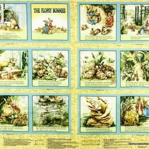 Può includere: Un pannello di tessuto giallo e blu con illustrazioni di conigli e il testo "The Flopsy Bunnies". Le illustrazioni raffigurano conigli in un giardino con verdure e fiori.