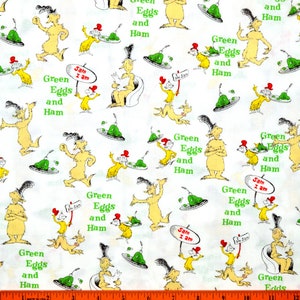 GREEN EGGS and Ham FABRIC | Sold By The Half Yard! | Continuous Cut! | 100% Quilting Cotton | Doctor Dr. Seuss White