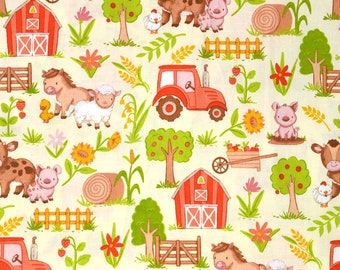 TELA CON ANIMALES DE GRANJA / ¡Se vende por medio metro! / ¡Corte continuo! / 100% algodón para acolchado / Para bebés, niños pequeños, con estampado de cerdos, ovejas, pollos, patos, vacas y caballos.