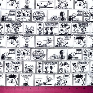 PEANUTS-STREEPSTOF | Verkocht op halve meter! | Doorlopende snede! | 100% quiltkatoen | Charlie Brown Snoopy Lucy Sally Zwart Wit