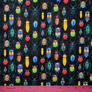 BUGS INSECTS FABRIC | Sold By The Half Yard! | Continuous Cut! | Quilting Cotton | Ladybugs Flys Bees Boys Girls Rainbow Bright Colors Black