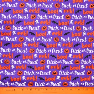Sale!!! HALLOWEEN WORDS FABRIC | Sold By The Half Yard! | Continuous Cut! | 100% Quilting Cotton | Bat Pumpkin Purple