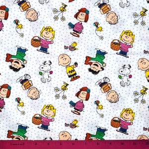 PEANUTS EASTER FABRIC | Sold By The Half Yard! | Continuous Cut! | 100% Quilting Cotton | Charlie Brown Snoopy Lucy Sally Linus Eggs White