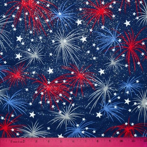 TELA PATRIÓTICA DE FUEGOS ARTIFICIALES / ¡Brillante! / ¡Se vende por media yarda! ¡Corte continuo! / 100 % algodón para acolchado / 4 de julio, rojo, blanco y azul, América