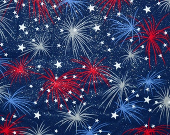 PATRIOTIC FIREWORKS FABRIC | Sparkles! | Sold By The Half Yard! Continuous Cut! | 100% Quilting Cotton | 4th of July Red White Blue America