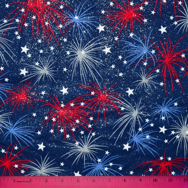 PATRIOTIC FIREWORKS FABRIC | Sparkles! | Sold By The Half Yard! Continuous Cut! | 100% Quilting Cotton | 4th of July Red White Blue America