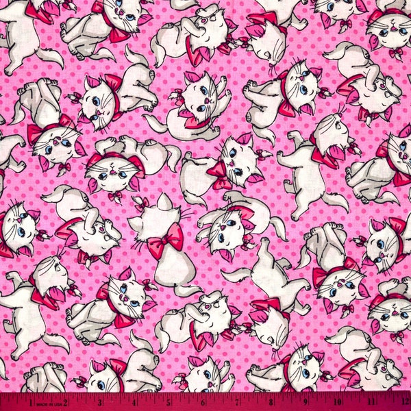 ARISTOCATS MARIE FABRIC | Sold By The Half Yard! | Continuous Cut! | 100% Quilting Cotton | Disney Cat Kitten Girls Girly Girlie White Pink