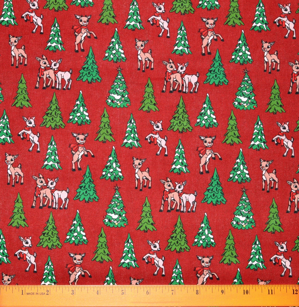 Tissu Polycoton Noël - Motif Rennes Rouges Sur Fond Rouge, 1 Mètre X 45 Pouces