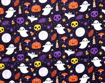 LILA HALLOWEEN-STOFF | Verkauft durch den halben Hof! | Zum Nähen Quilten | 100% Baumwolle | Fledermäuse Kürbisse Jack-O-Lantern Geist Orange Weiß