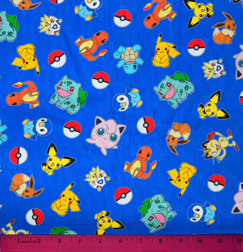BLUE POKEMON FABRIC | Sold By The Half Yard! Continuous Cut! | 100% Quilting Cotton | Pikachu Go Bulbasaur Charmander Poke Ball Eevee Piplup