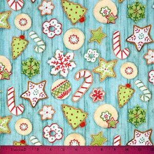 CHRISTMAS COOKIES FABRIC | Sold By The Half Yard! | For Sewing Quilting | 100% Cotton | Holiday Green Red Aqua Blue
