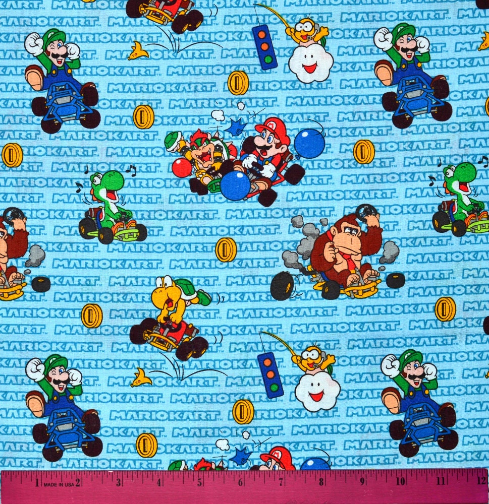 マリオカート生地 | 半ヤード単位販売！連続カット！ | キルティングコットン100% | マリオカートブラザーズ 任天堂ビデオゲーム ルイージ ドンキーコング