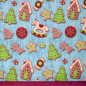 CHRISTMAS COOKIES FABRIC | Sold By The Half Yard! | Continuous Cut! | 100% Quilting Cotton | Holiday Green Red Blue