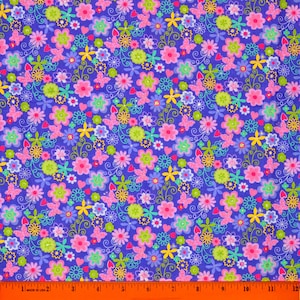FLOWERS FLORAL FABRIC | Sparkles! | Sold By The Half Yard! | Continuous Cut! | 100% Quilting Cotton | Girls Cute Hearts Butterfly Purple