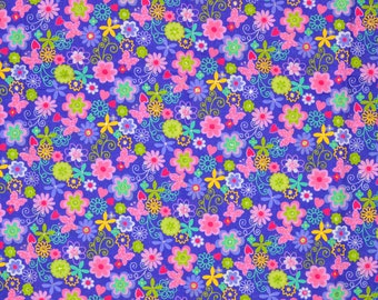 FLOWERS FLORAL FABRIC | Sparkles! | Sold By The Half Yard! | Continuous Cut! | 100% Quilting Cotton | Girls Cute Hearts Butterfly Purple