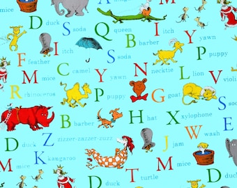 Dr. SEUSS ALPHABET FABRIC | Sold By The Half Yard! | Continuous Cut! | 100% Quilting Cotton | abc Letters Reading Aqua Blue