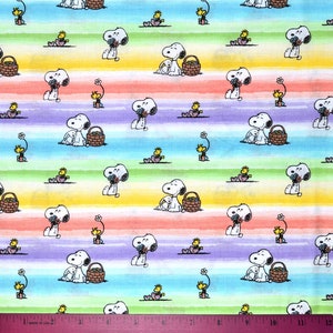 PEANUTS EASTER FABRIC | Sold By The Half Yard! Continuous Cut! | 100% Quilting Cotton |  Snoopy Woodstock Spring Pastel Colors Bunny Basket
