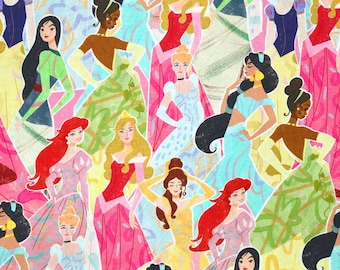 DISNEY PRINCESS FABRIC | Sold By The Half Yard! | Continuous Cut! | 100% Quilting Cotton | Cinderella Belle Tiana Ariel Aurora Mulan Pink