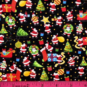 CHRISTMAS SANTA FABRIC | Sold By The Half Yard! | Continuous Cut! | 100% Quilting Cotton | Holiday Santa Claus Red Black
