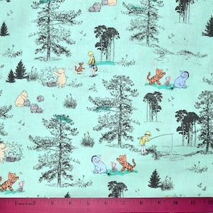 CLASSIC POOH FABRIC | Sold By The Half Yard! | Continuous Cut! | 100% Quilting Cotton | Winnie the Pooh Tigger Eeyore Piglet Aqua Blue Baby
