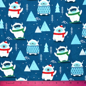 CHRISTMAS YETI FABRIC | Sold By The Half Yard! | Continuous Cut! | 100% Quilting Cotton | Holiday Abominable Snowman Green Red Blue