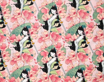 Sale!!! PRINCESS MULAN FABRIC | Sold By The Half Yard! | Continuous Cut! | 100% Quilting Cotton | Disney Princess Flowers Floral Pink Green