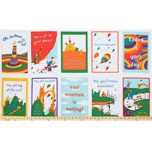 Places You&#39;ll Go Dr. SEUSS FABRIC PANEL | For Sewing Quilting | 100% Cotton | Sew Graduation Gift Bright Colors