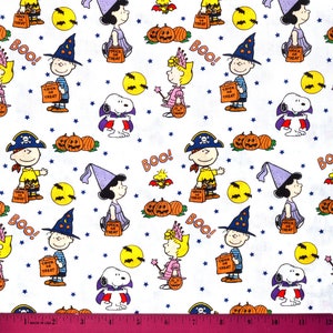 PEANUTS HALLOWEEN FABRIC | Sold By The Half Yard! Continuous Cut! | 100% Quilting Cotton | Charlie Brown Snoopy Lucy Pumpkin Costumes White