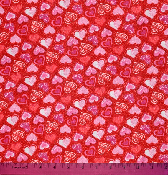 VALENTINE DAY FABRIC | Sparkles! | Sold By The Half Yard! | Continuous Cut!  | 100% Quilting Cotton | Hearts White Pink Red #