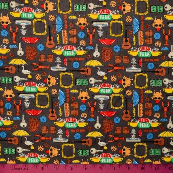 Sale!!! FRIENDS TV Show FABRIC | Sold By The Half Yard! | Continuous Cut! | 100% Quilting Cotton | Central Perk Umbrellas Fountain Brown