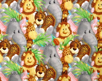 JUNGLE BABIES FABRIC | Sold By The Half Yard! | Continuous Cut! | 100% Quilting Cotton | Baby Nursery Infant Animals Elephant Giraffe Lion