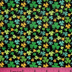 BLACK SHAMROCK FABRIC | Sold By The Half Yard! | Continuous Cut! | 100% Quilting Cotton | Small Mini St Patricks Day Four Leaf Clover Green
