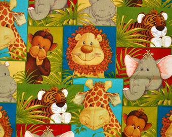 JUNGLE BABIES FABRIC | Sold By The Half Yard! | Continuous Cut! | 100% Quilting Cotton | Baby Nursery Infant Animals Elephant Lion Monkey
